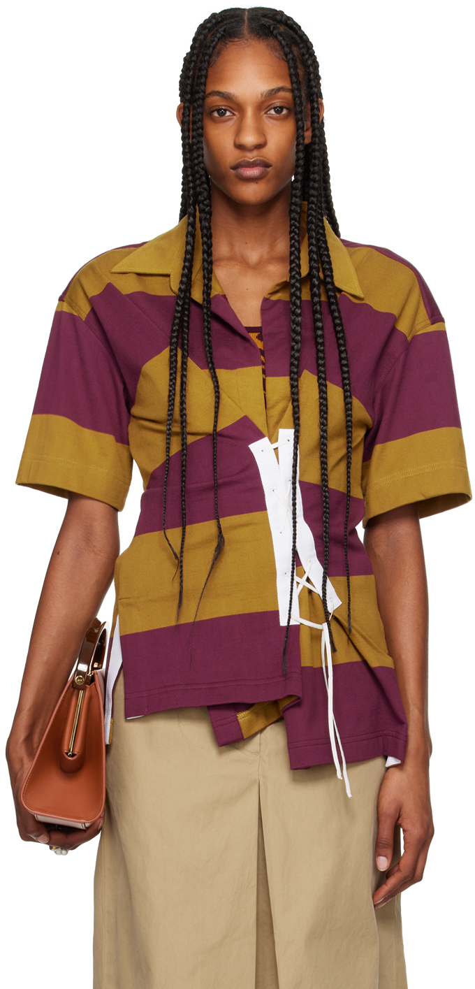 Shop Dries Van Noten Burgundy & Yellow Lace-up Polo In 203 Mustard