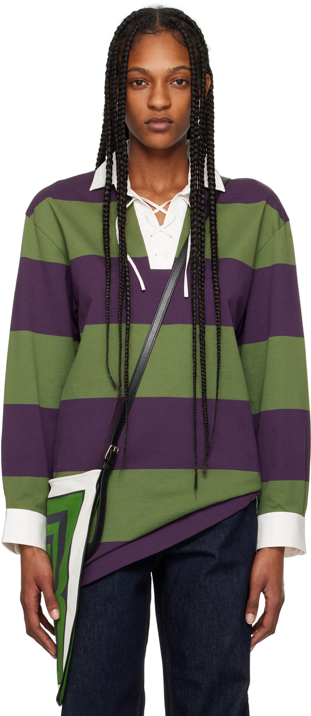 Shop Dries Van Noten Green & Purple Striped Polo In 402 Dark Purple
