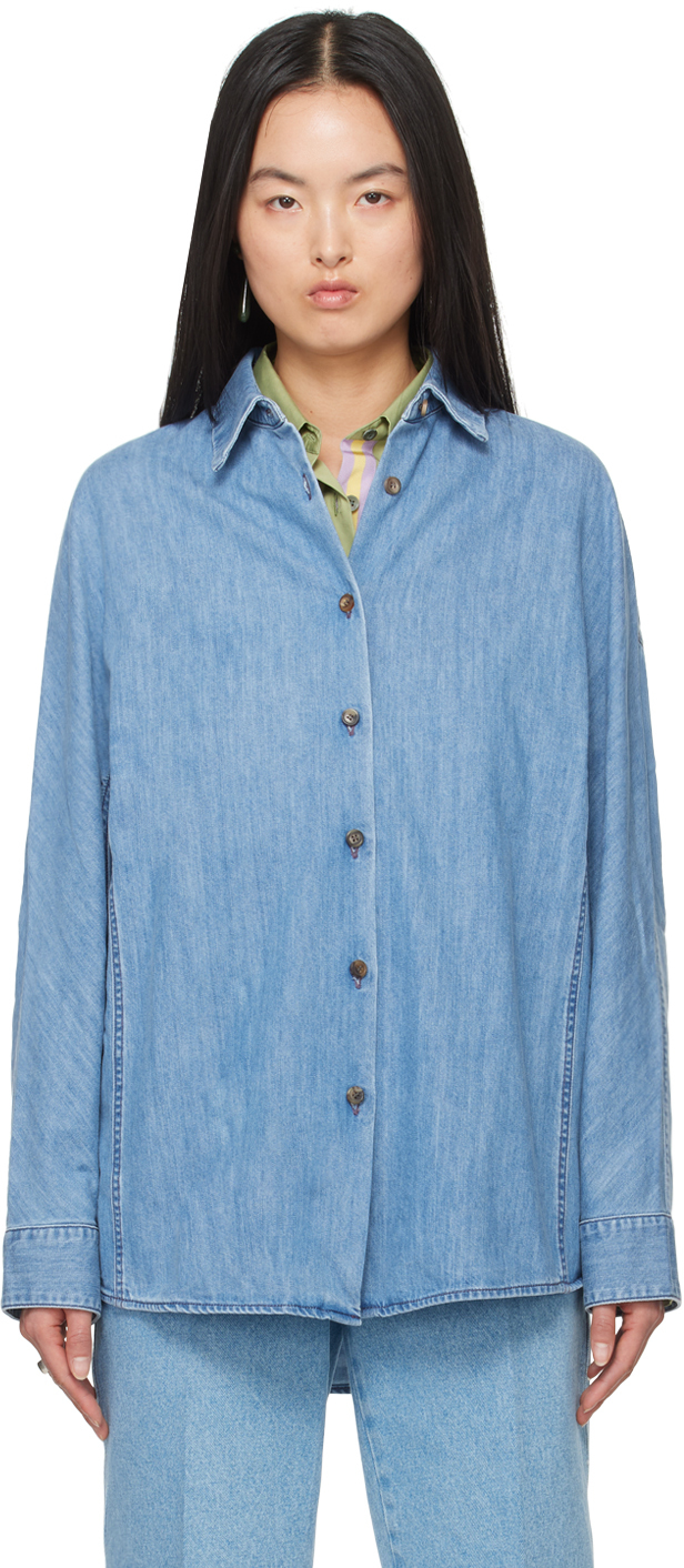 Shop Dries Van Noten Blue Oversized Denim Shirt In 514 Light Blue