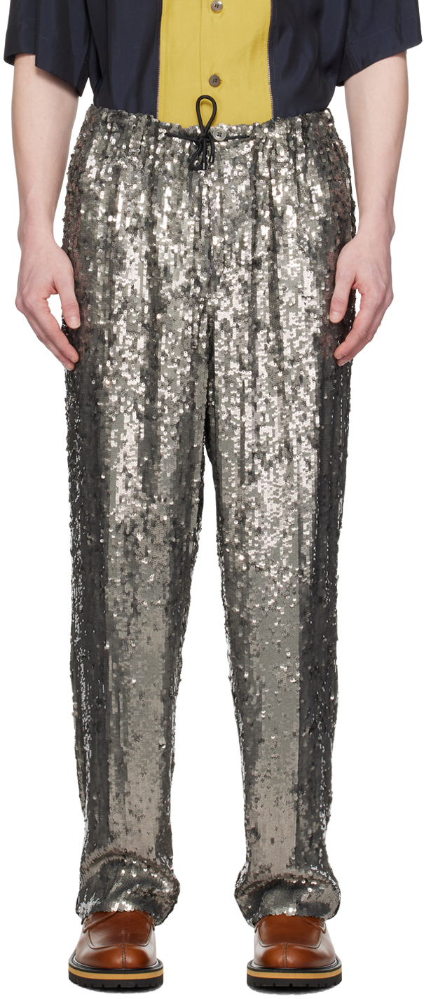 Dries Van Noten Gray Embellished Trousers In 952 Silver