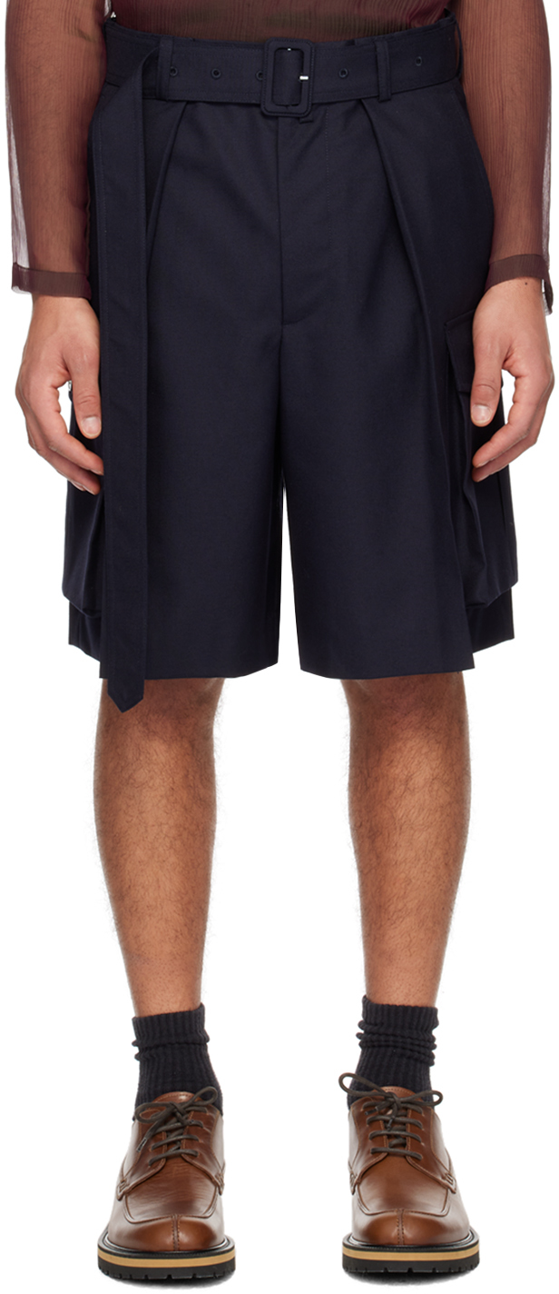 Shop Dries Van Noten Navy Belted Shorts In 509 Navy