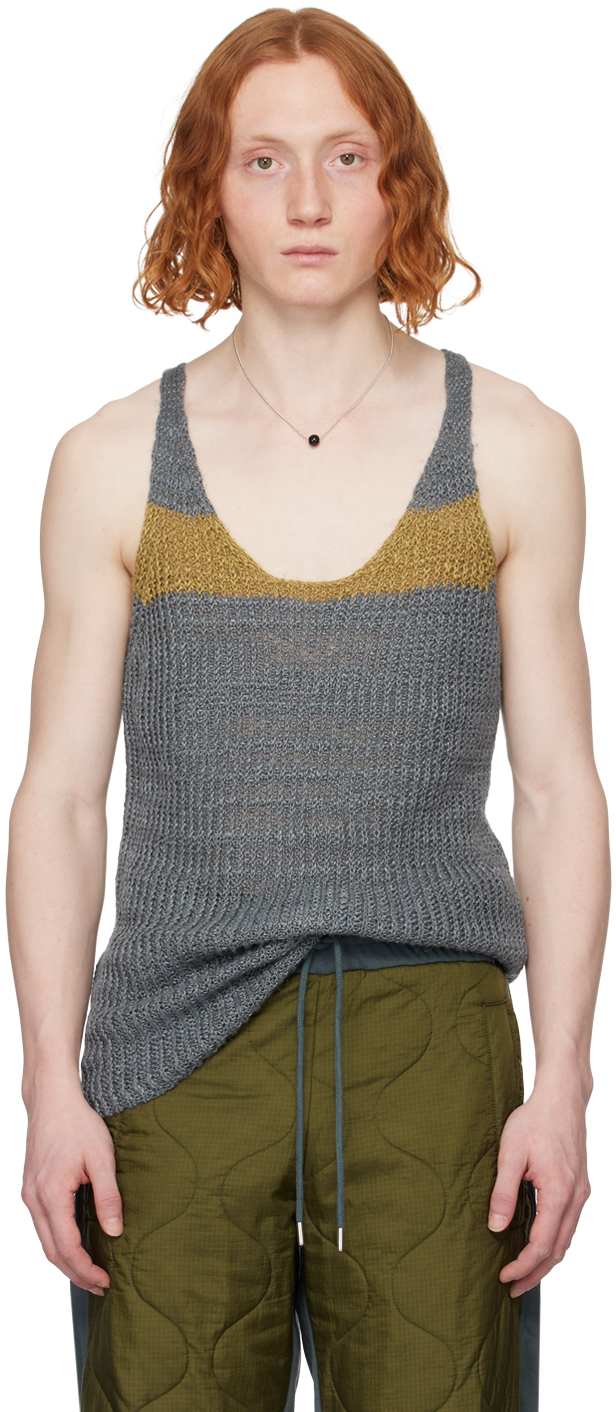 Dries Van Noten Men's Loose Striped Linen Knit Tank Top In 802 - Grey
