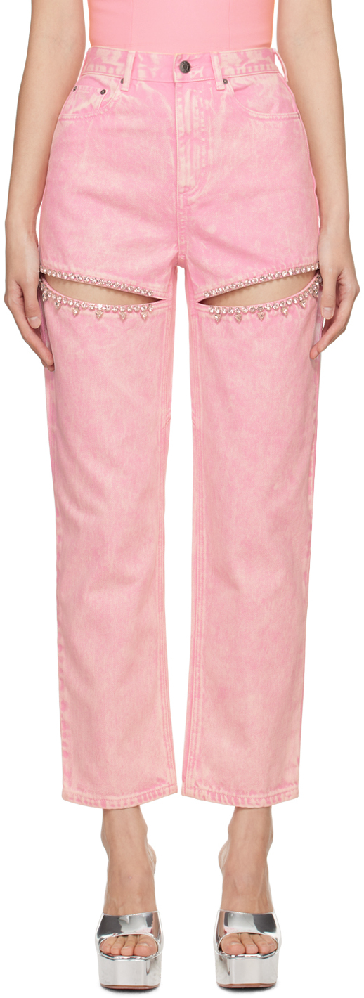 Area Pink Crystal Slit Jeans In Rose-pink