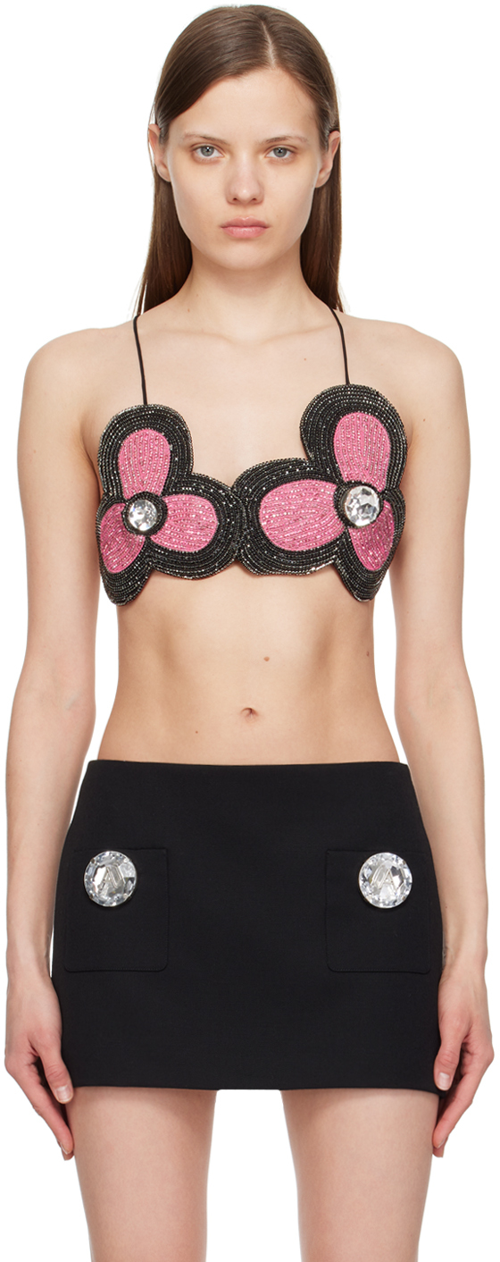 Area Embroidered Crystal-flower Bra Top In Black
