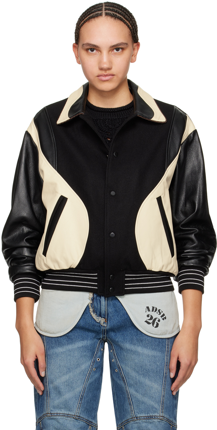 Black & Off-White Robyn Leather Bomber Jacket