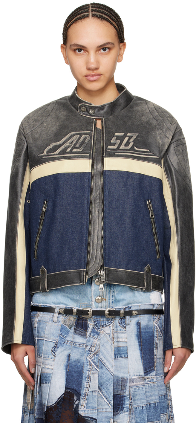 Gray & Blue Racing Leather Jacket