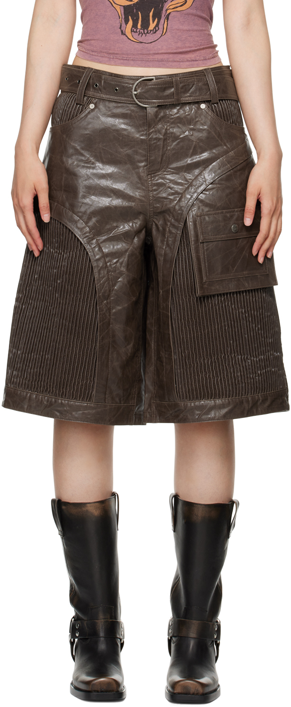 Brown Sunbird Panel Faux-Leather Shorts