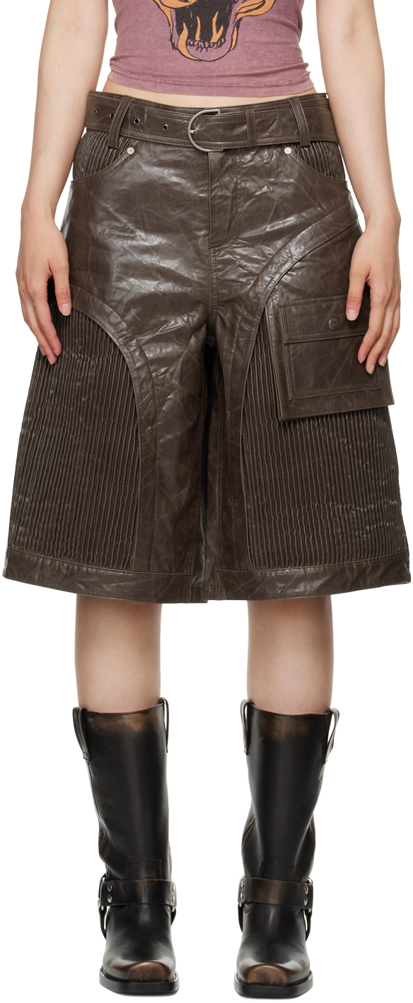 Shop Andersson Bell Brown Sunbird Panel Faux-leather Shorts In Chocolate