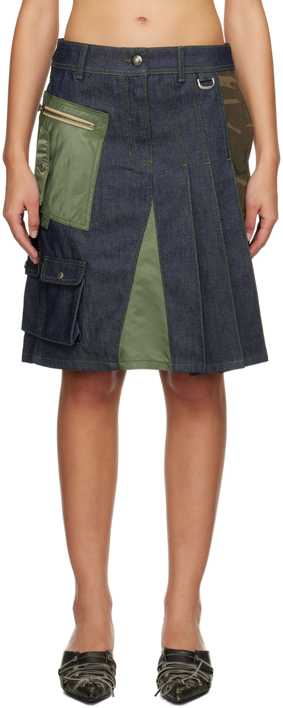 Blue & Khaki Marta Half-Pleats Midi Skirt