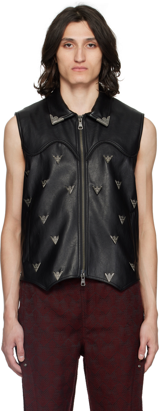 Black Appliqué Faux-Leather Vest