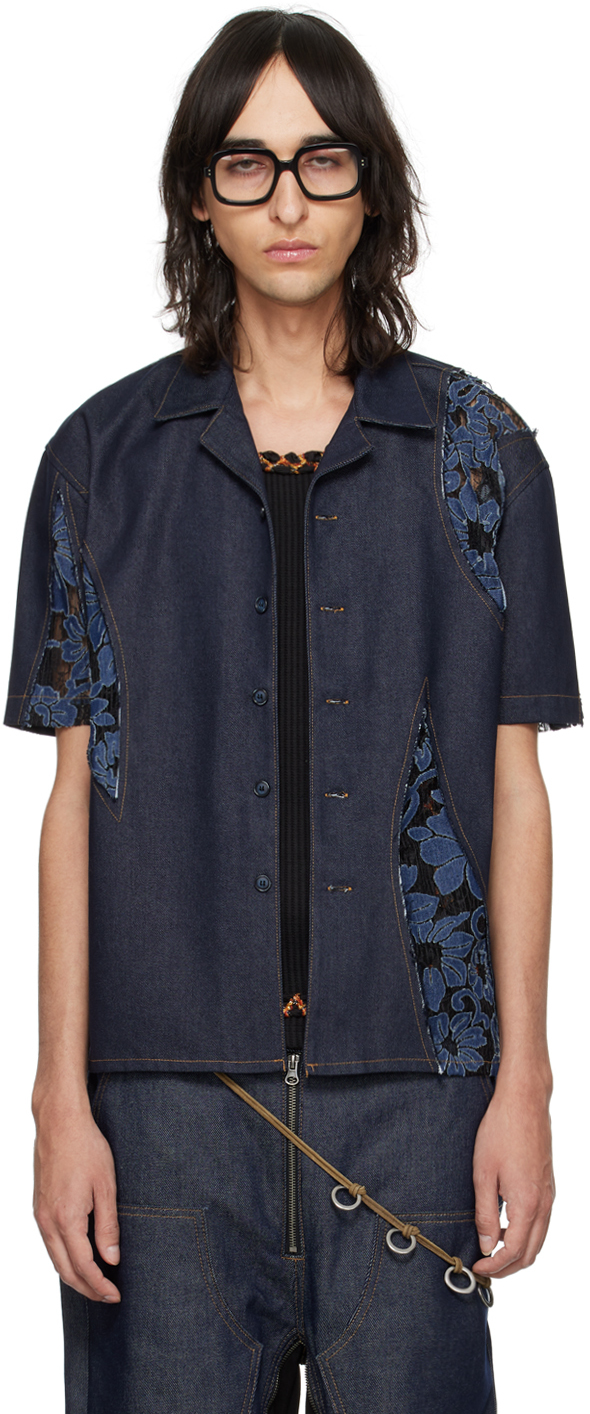 ANDERSSON BELL Denim-print Jersey Bralette Top in Blue