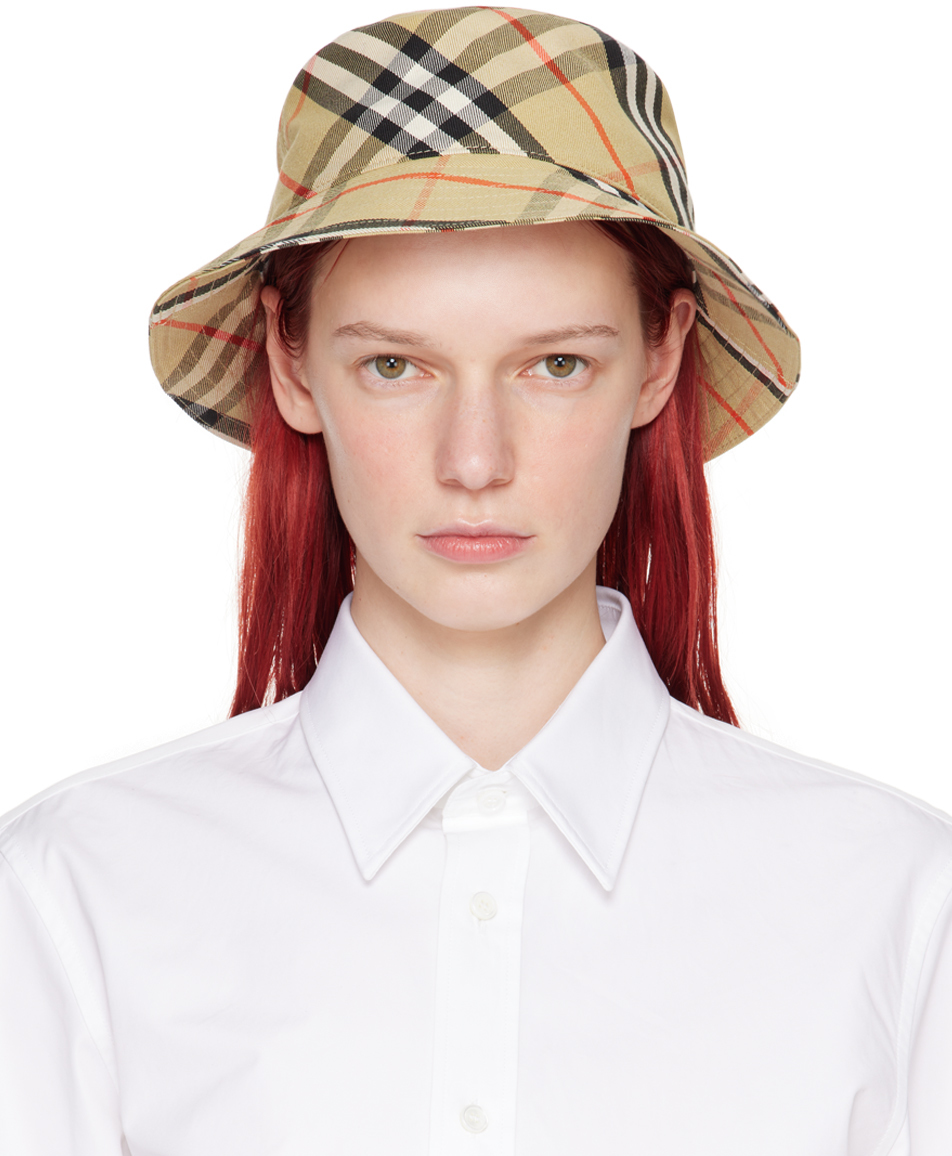 Beige Check Cotton Blend Bucket Hat