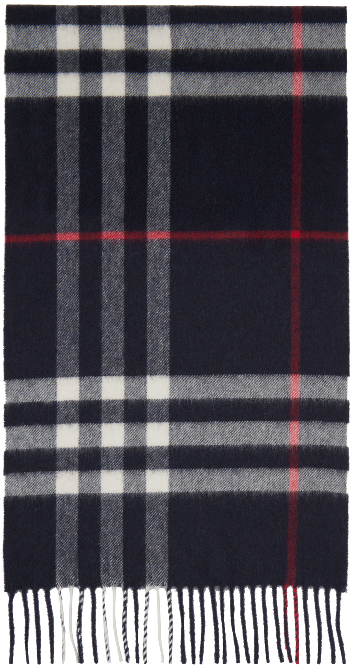 Burberry Navy Check Cashmere Scarf In Black