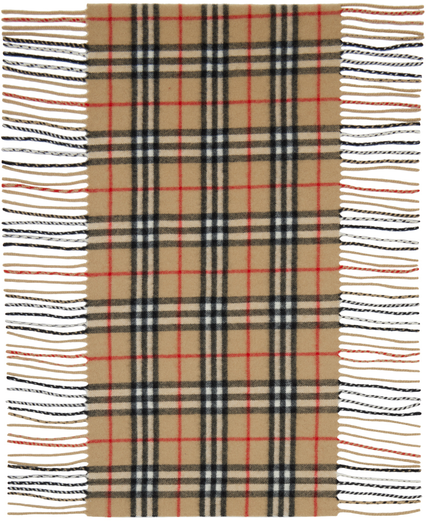 Burberry Beige Check Cashmere Fringed Scarf In Archive Beige