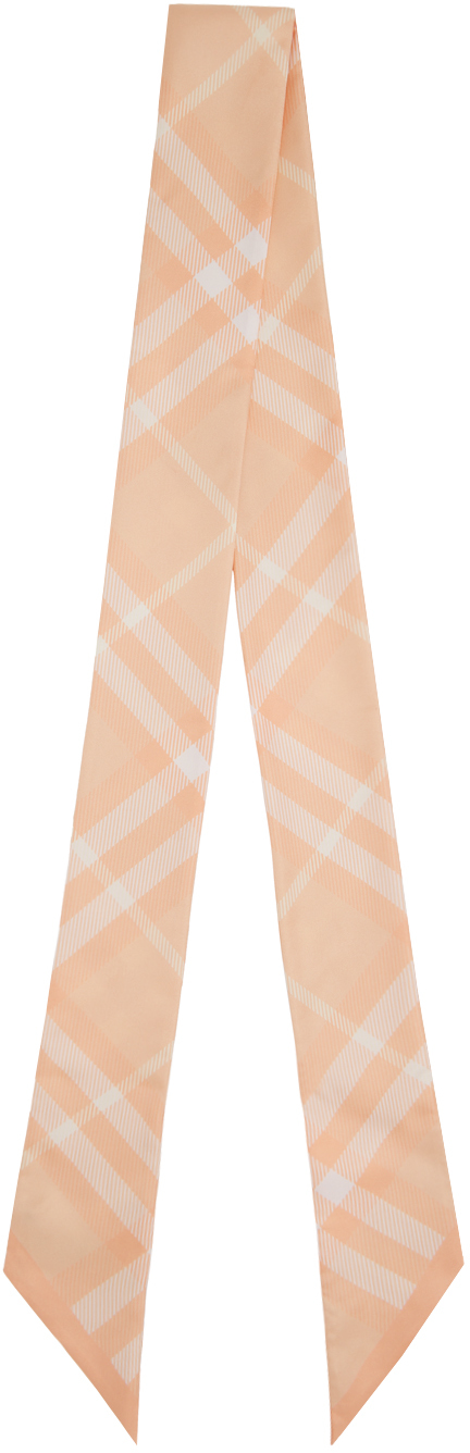Shop Burberry Pink Skinny Check Silk Scarf In Peach
