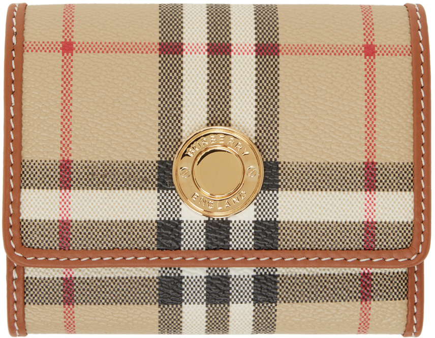 Shop Burberry Beige Check & Leather Small Folding Wallet In Archive Beige