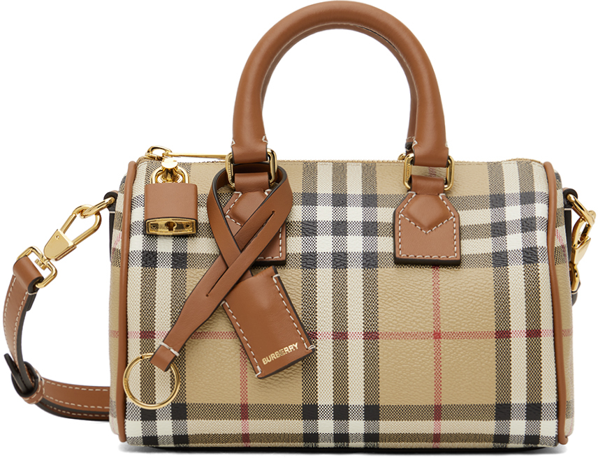 Shop Burberry Beige Mini Check Bowling Bag In Vntg Chk/briar Brown