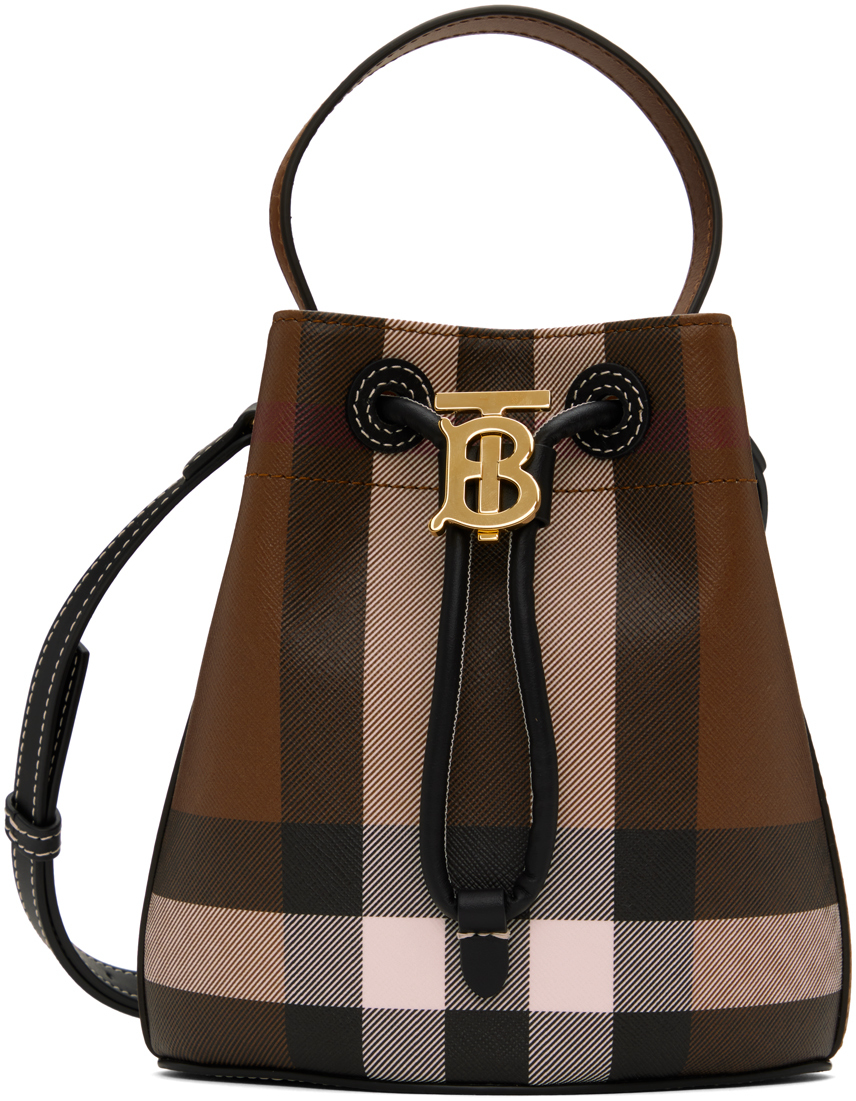 Shop Burberry Brown Mini 'tb' Bucket Bag In Dark Birch Brown