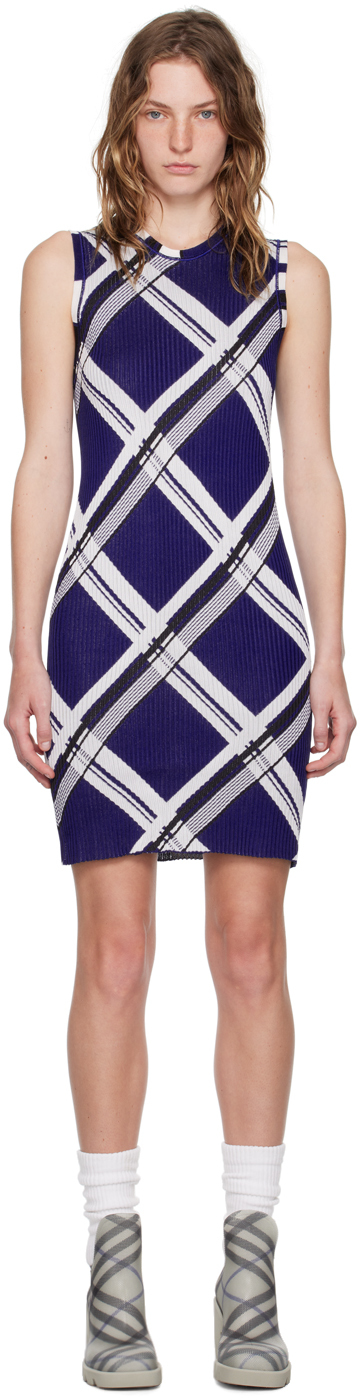 Shop Burberry Blue Check Midi Dress In Knight Ip Check