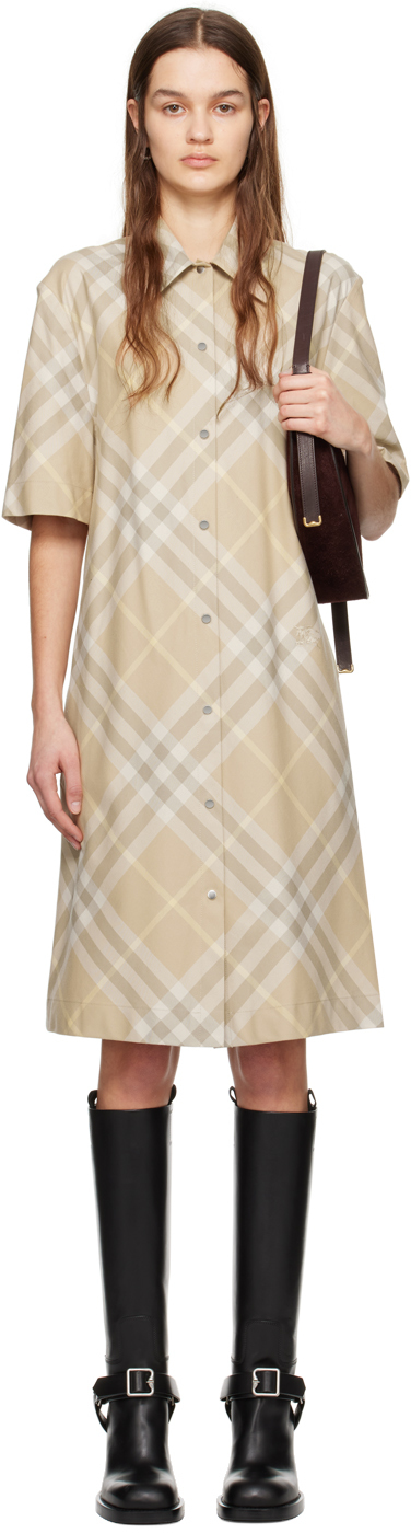 Shop Burberry Beige Check Midi Dress In Flax Ip Check