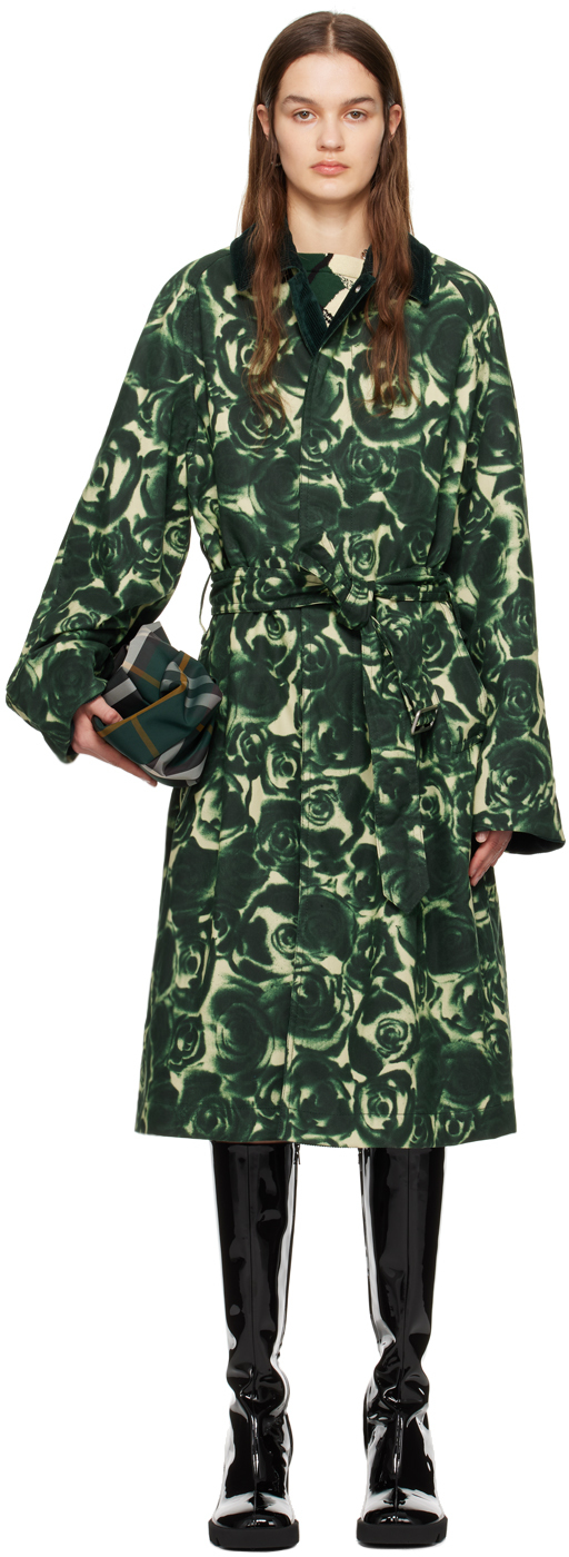 Shop Burberry Green Rose Coat In Ivy Ip Pattern