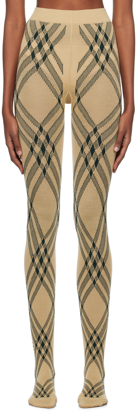 Burberry Beige & Green Check Tights In Flax/ Ivy