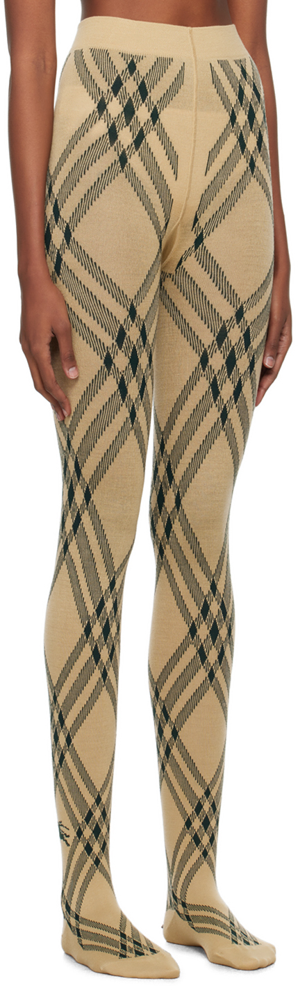 Burberry Beige & Green Check Tights In Flax/ Ivy