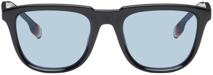 Burberry Black Stripe Detail Square Frame Sunglasses In 300172 Black/blue