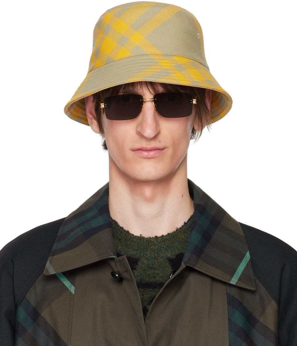 Burberry Yellow & Gray Check Bucket Hat In Hunter Ip Check