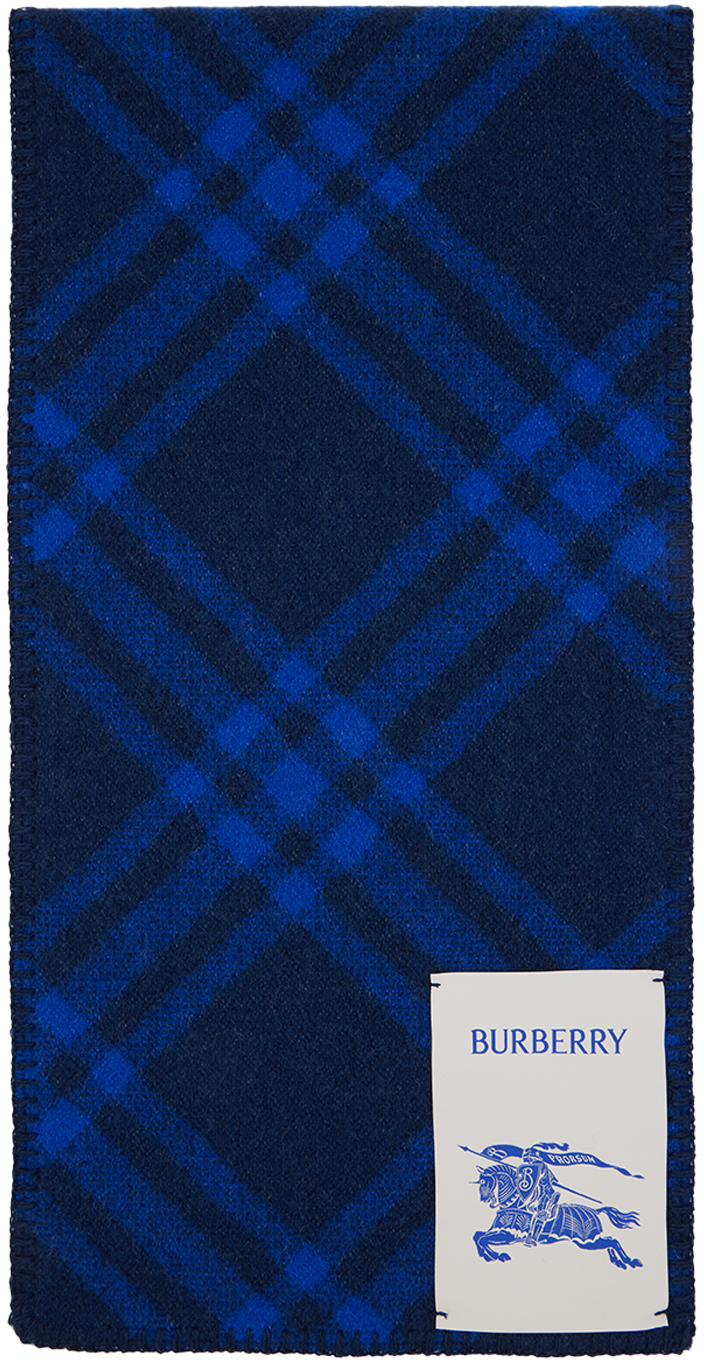 Burberry Blue Check Wool Scarf In Navy