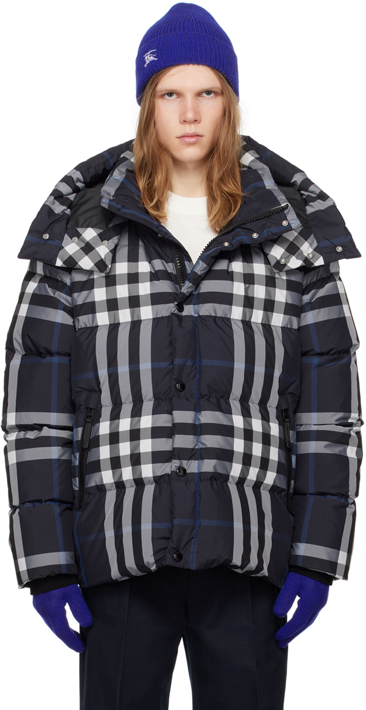 Burberry Navy Check Down Jacket In White/dc Blue Ip Chk