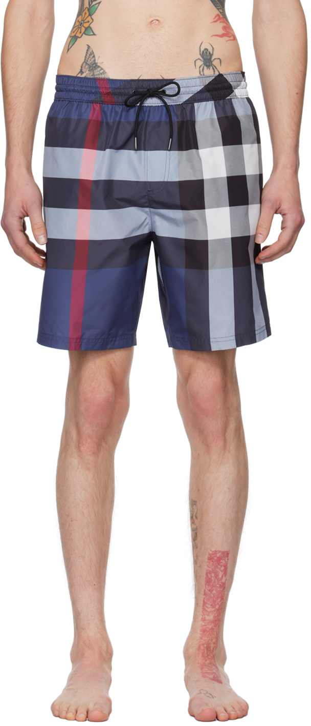 Shop Burberry Navy Guildes Swim Shorts In Carbon Blue Ip Check