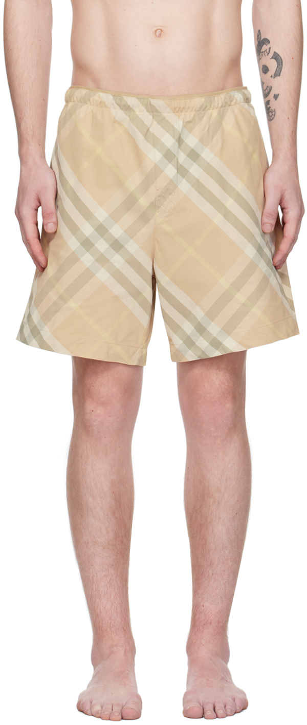 Shop Burberry Beige Check Swim Shorts In Flax Ip Check
