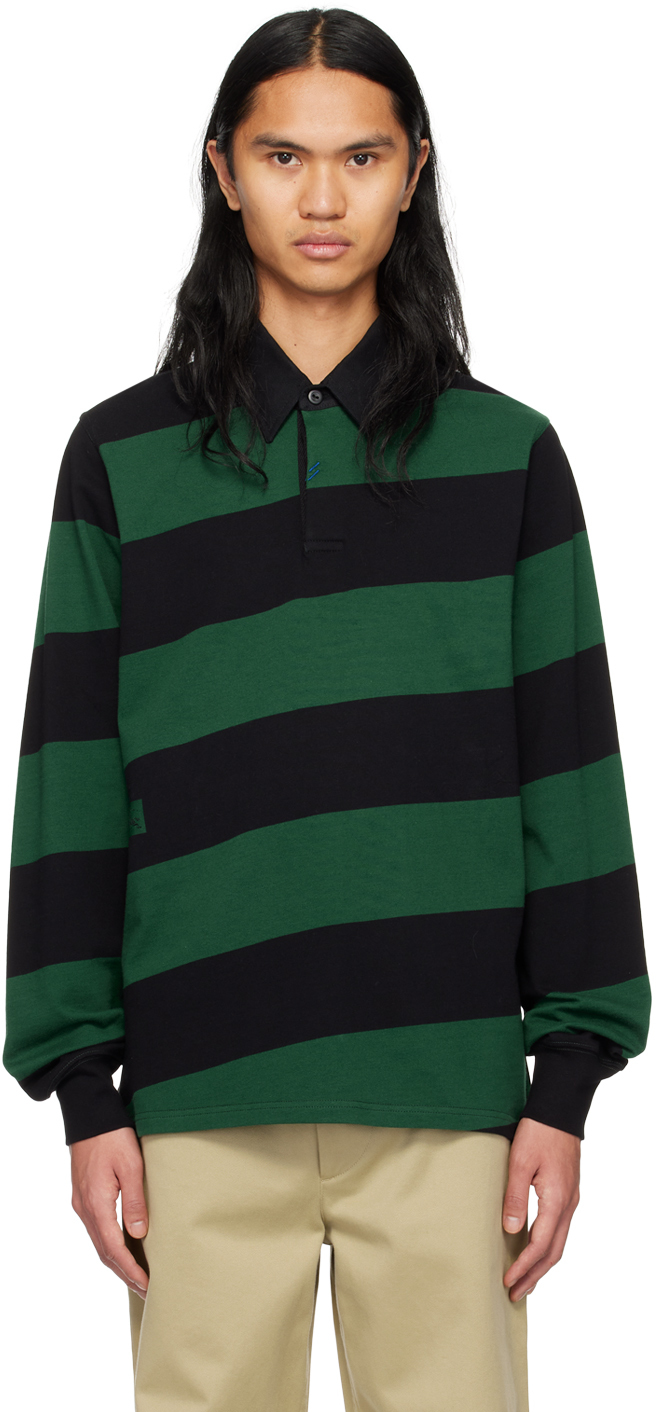Shop Burberry Black & Green Striped Long Sleeve Polo In Black Ip Pattern