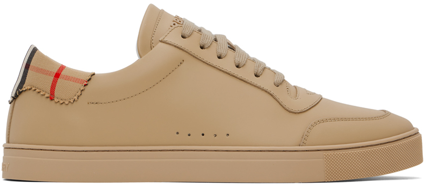 Beige Leather & Check Cotton Sneakers