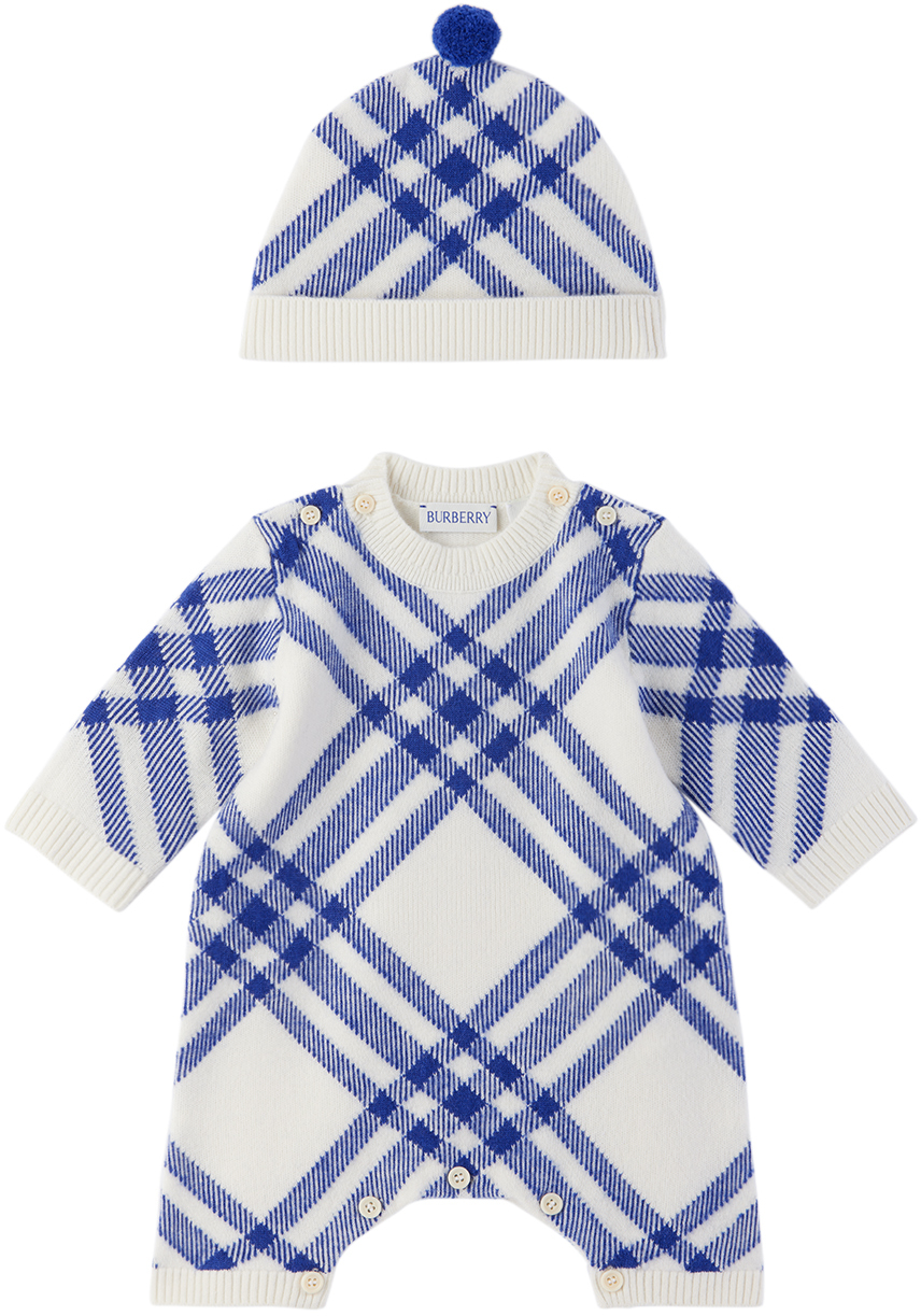 Burberry Baby White & Blue Check Jumpsuit & Beanie Set In Knight / Salt Ip Chk