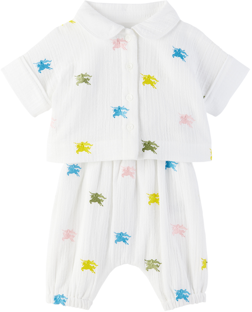Burberry Baby White Ekd Shirt & Trousers Set In Multicolour Ip Pttn