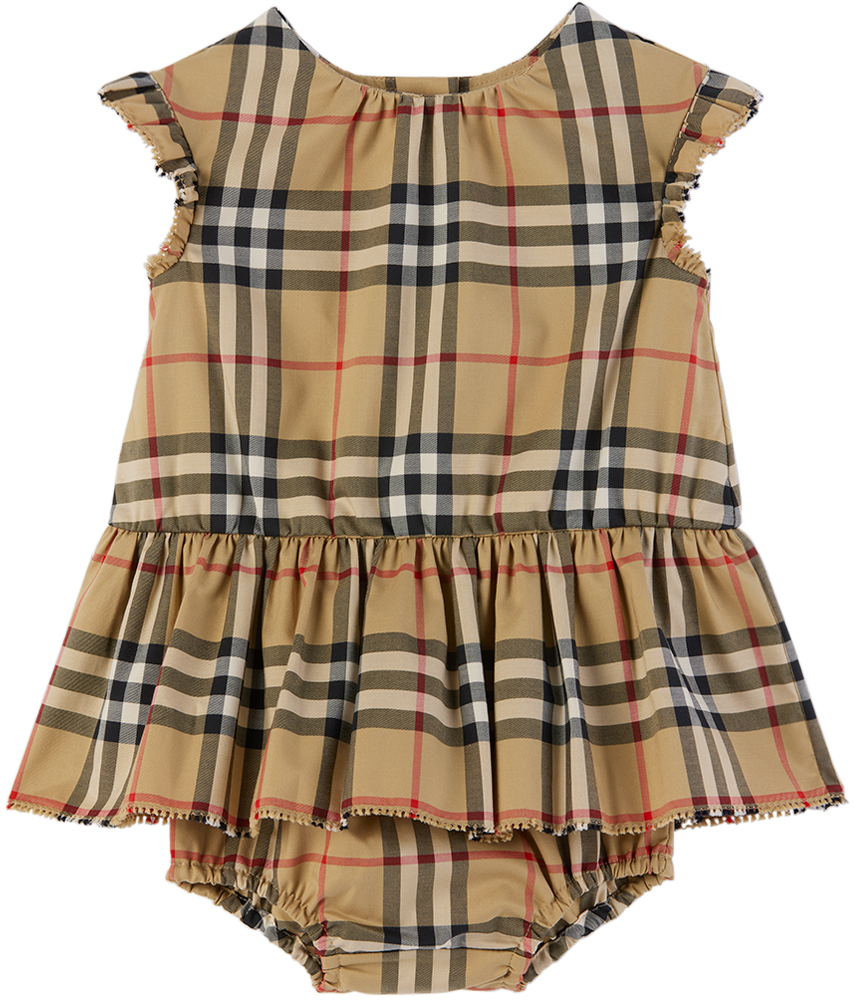 Burberry Baby Beige Check Dress & Bloomers Set In Archive Beige Ip Chk
