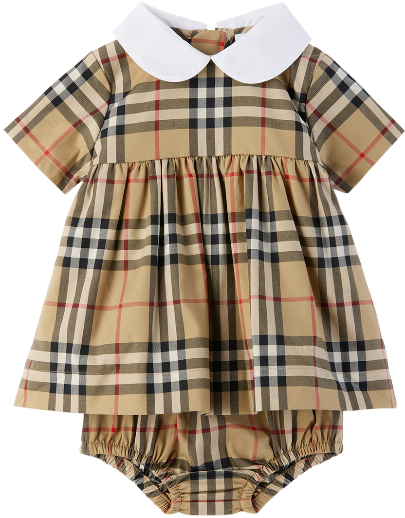 Shop Burberry Baby Beige Check Dress & Bloomers Set In Archive Beige Ip Chk