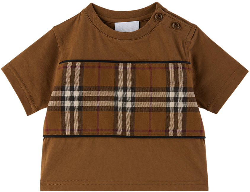 Burberry Baby Brown Check Panel T-shirt In Dark Birch Brown