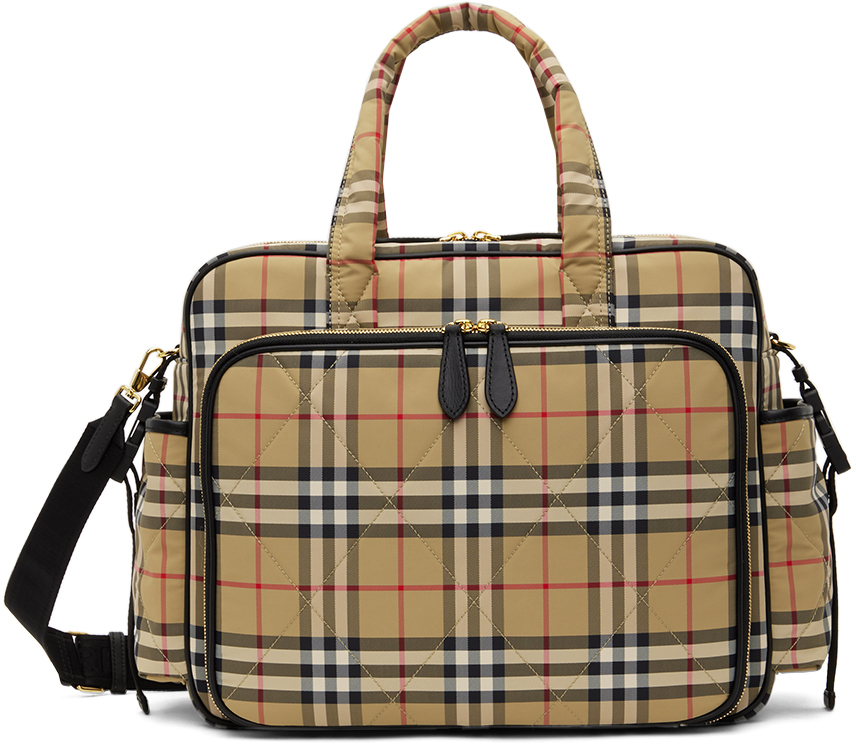 Burberry Baby Beige Check Baby Changing Bag & Mat Set In Brown
