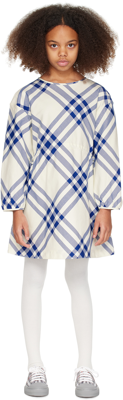 Burberry Kids Off-white & Blue Check Dress In Salt Ip Check