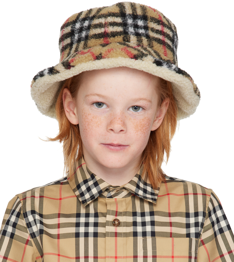 Burberry Kids Beige Check Fleece Bucket Hat In Archive Beige Ip Chk