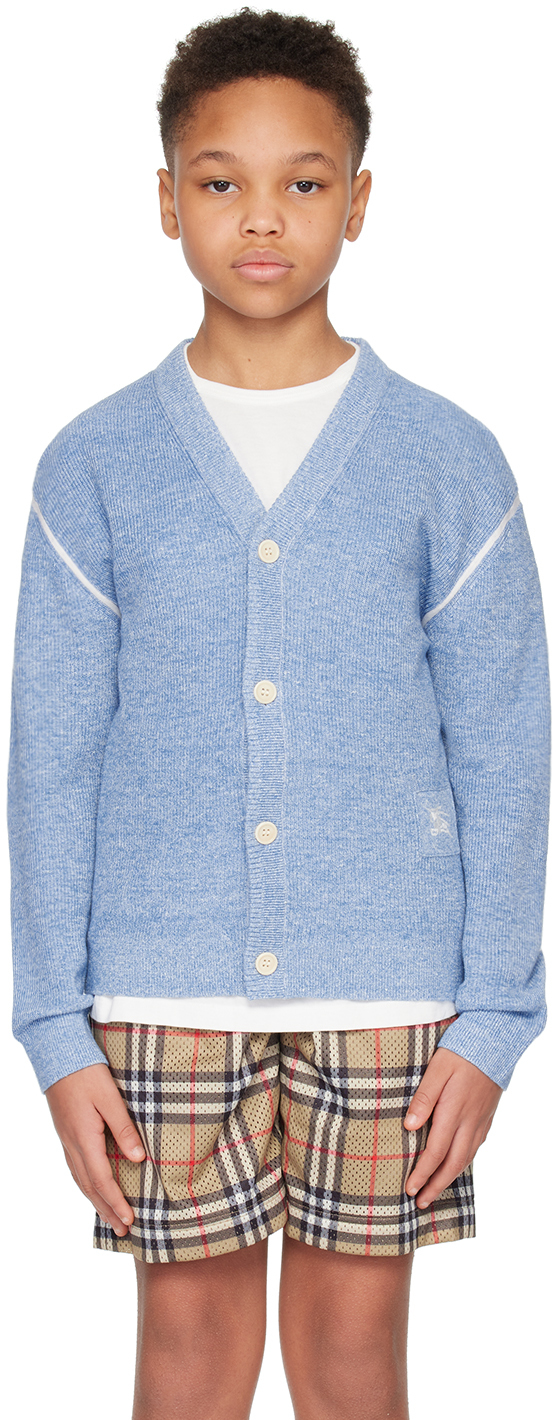 Burberry Kids Blue Embroidered Cardigan In Light Blue Melange