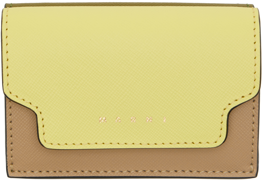 Yellow & Khaki Saffiano Leather Trifold Wallet