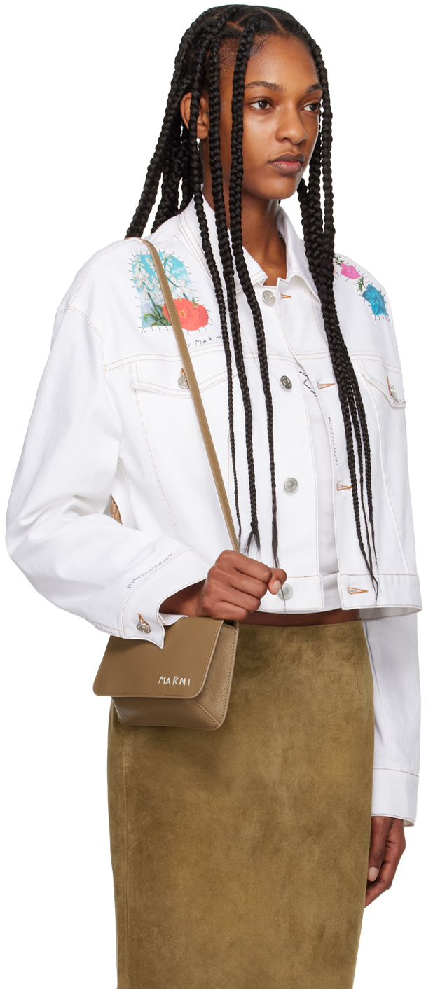 Marni "cropped Denim Jacket With Flower Patches And Embroidery" In 00w01 Lily White