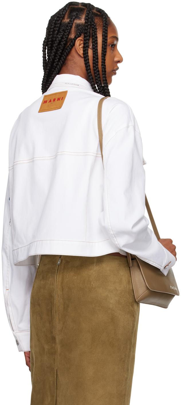 Marni "cropped Denim Jacket With Flower Patches And Embroidery" In 00w01 Lily White