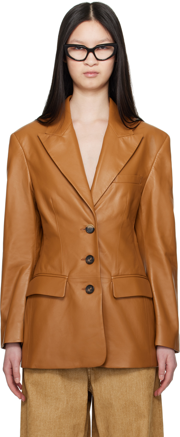 Brown Peaked Lapel Leather Jacket