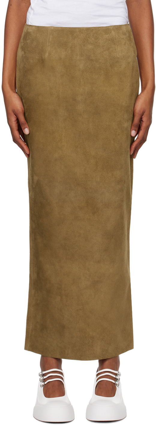 Brown Slit Leather Maxi Skirt