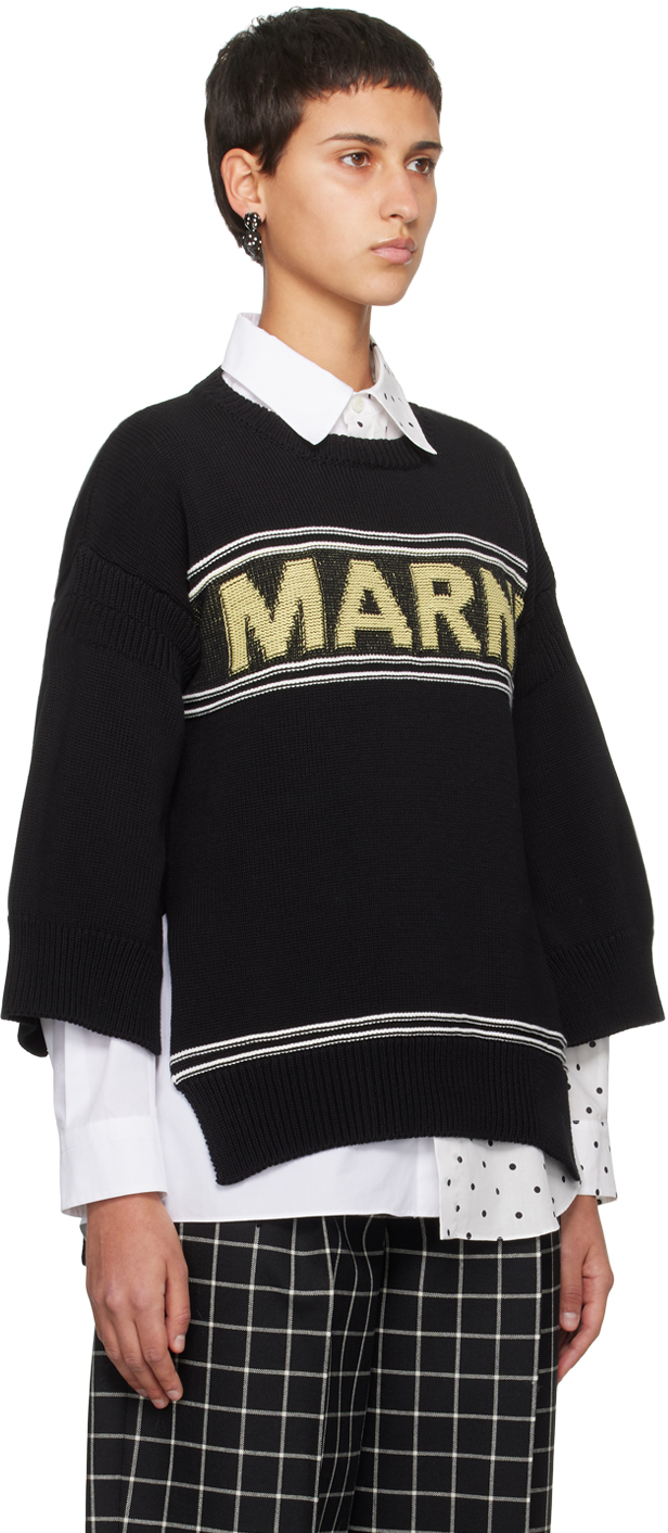 Marni Logo Intarsia Knitted Crewneck Jumper In 00n99 Black